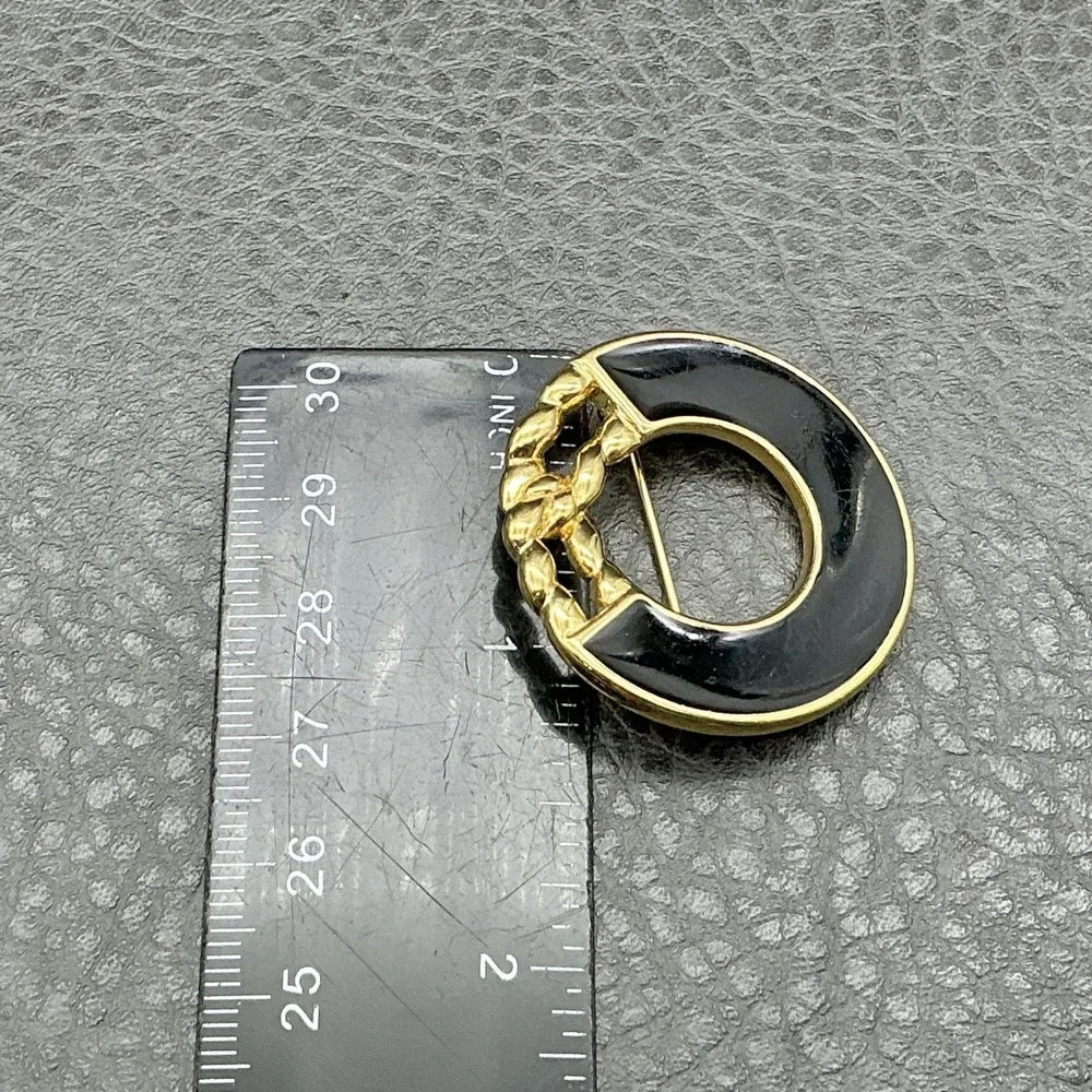 Vintage Monet Brooch Black Enamel Circle Pin Gold Tone Chain Link Round Jewelry